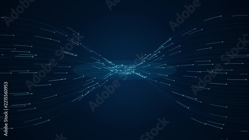 Seamless 4K loop of glowing fiber optic data streams converging into a central bottleneck. Futuristic deep learning, network routing, and AI data processing hourglass concept.