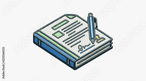 Isometric Illustration of Document with Pen