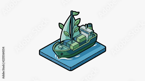 Isometric Illustration of Eco-Friendly Cargo Ship with Green Elements