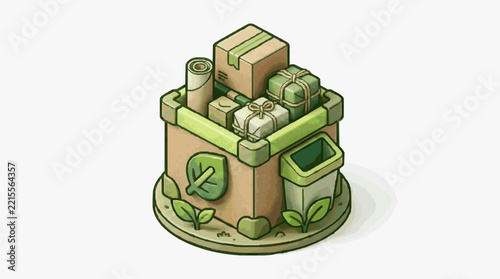 Isometric Illustration of Eco-Friendly Delivery Box with Gifts and Packaging