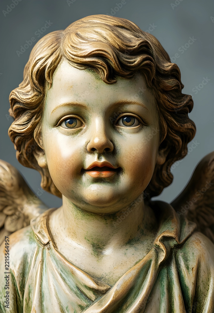 Fototapeta premium Spirituality and religion concept, close up portrait of a cherub angel statue with weathered stone texture and soft facial features in a classic style