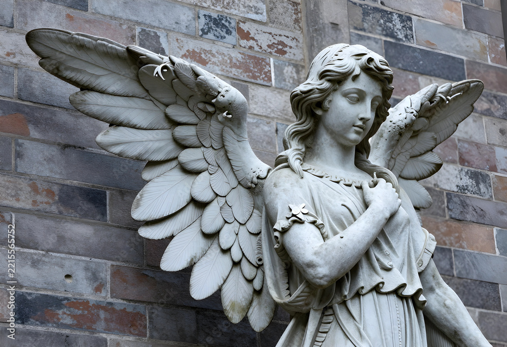 Fototapeta premium Spirituality and mourning, stone angel statue with wings against a brick wall for funeral services, religious faith and afterlife memorial