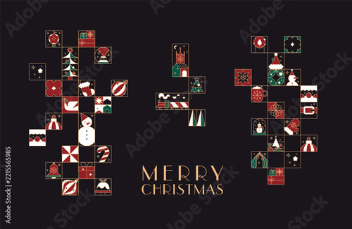 Poster art deco with lettering merry christmas in flat line style drawing on black background.