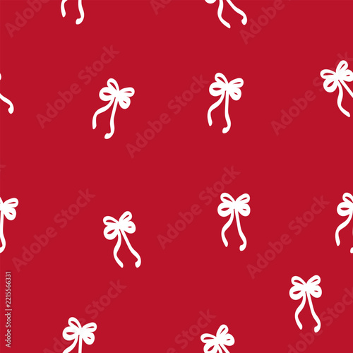 Title:
Red seamless pattern with white hand-drawn bows. Christmas holiday background vector illustration.