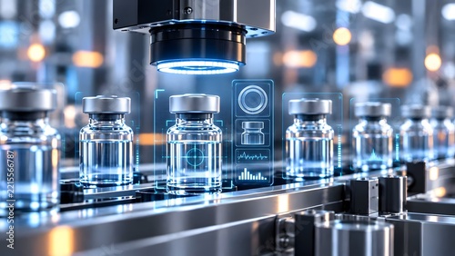 Pharmaceutical manufacturing line with robotic automation inspecting glass vials through digital holographic interface for medical research quality control