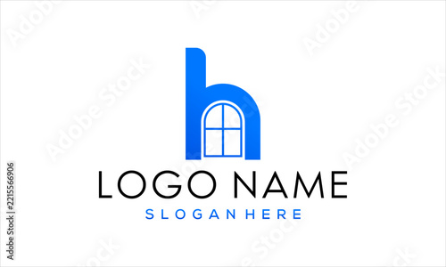 Blue letter h logo design template combined with a window shape for real estate, architecture, construction, and property business brand