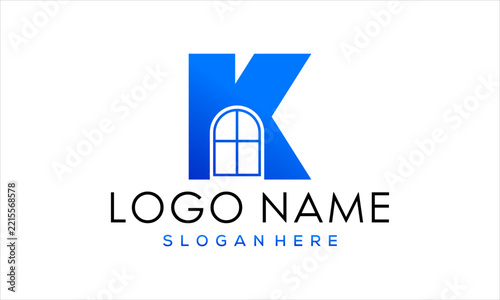 Letter K logo design with an integrated window shape, featuring a modern blue gradient style suitable for real estate, architecture, and construction businesses