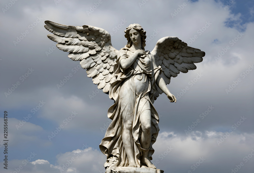 Fototapeta premium Spirituality and religion concept, marble angel statue with wings spread against a cloudy sky, divine protection and peace in historical architecture