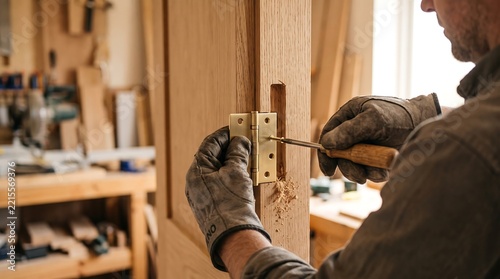 Carpenter installing a brass hinge on a wooden door in a workshop