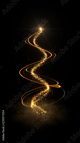 Curving path of warm glowing light trails winding downward in a dark vertical space with sci fi background vertical abstract movement technology illumination
