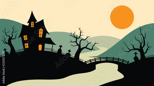 Spooky halloween background featuring a haunted house silhouette with glowing windows set in a creepy graveyard landscape