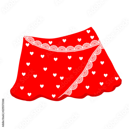 Illustration of a red miniskirt with white fringe and a heart pattern, featuring a flat design style. Women's clothing, fashion, beauty, boutique.