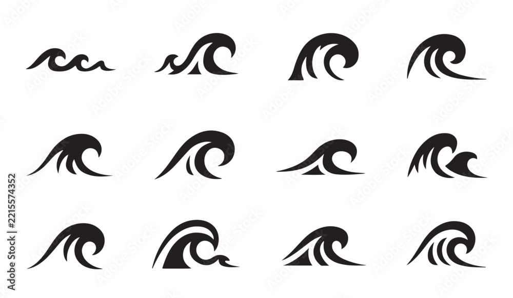 Fototapeta premium Set of black wave silhouettes, illustrating ocean motion and water elements for design.