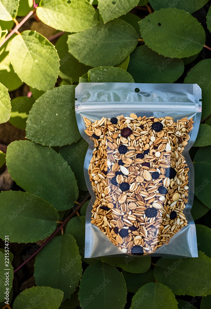 Naklejka premium Healthy nutrition and organic food, granola mix in a clear plastic pouch on green leaves for sustainable lifestyle and natural snack product branding