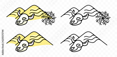 Minimalist flat vector design of a hot desert with sand dunes, a horned animal skull, and dry tumbleweed weed.