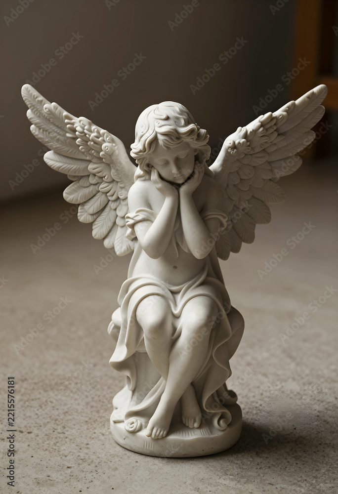 Fototapeta premium Spirituality and peace marble angel statue with wings in a contemplative pose for funeral memorial and religious themes in a quiet indoor setting