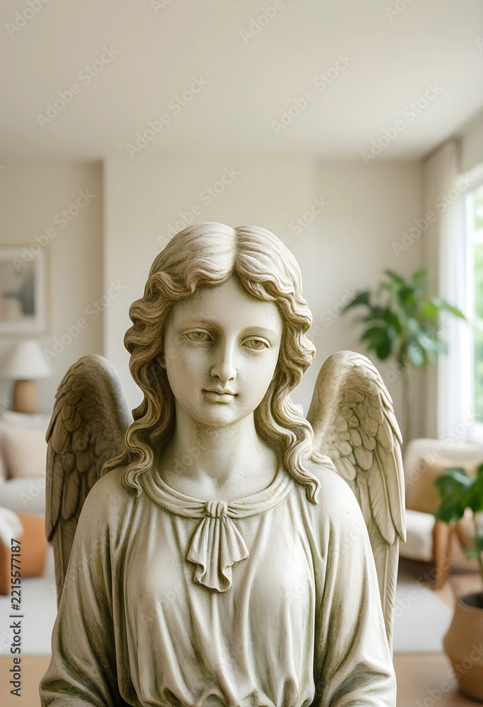 Fototapeta premium Spirituality and peace, stone angel statue with wings in a bright home interior, religious decor and mindfulness for meditation and wellness