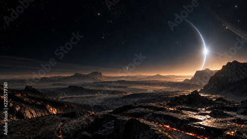 Volcanic Alien Planet Beneath a Giant Crescent World