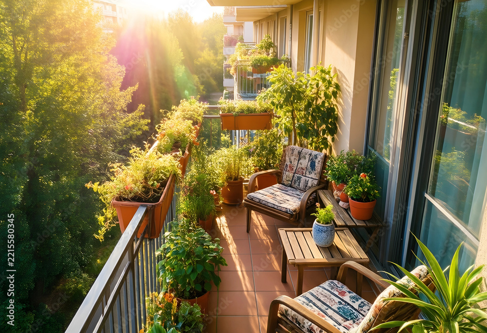 Fototapeta premium Urban gardening and sustainable living, cozy apartment balcony with potted plants and wooden furniture during golden hour sunset in residential area