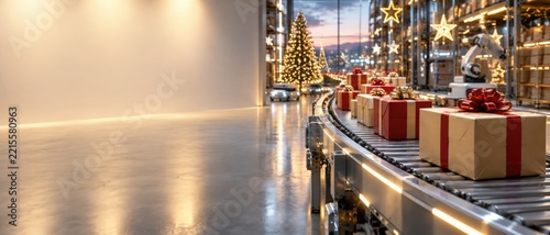 Smart warehouse conveyor carrying wrapped gift box beside illuminated Christmas tree and decorated shopping corridor, creating festive holiday