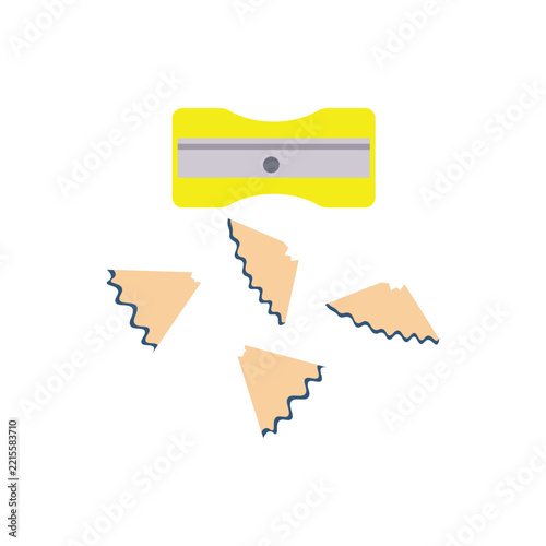 Yellow pencil sharpener sits above shavings. Peelings show sharp, zigzagged edges. Simple design, clean background, minimalistic style. Great for educational, office, or craft content