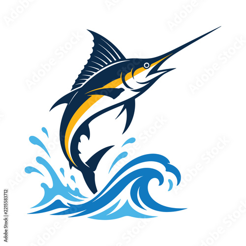 Stylized illustration of a blue marlin jumping out of ocean waves.