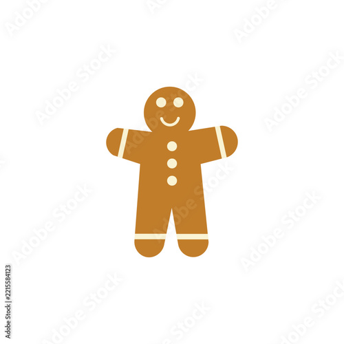 Simple gingerbread man icon. Brown, smiling figure with buttoned torso. White background highlights the cheerful design. Perfect for holiday-themed projects