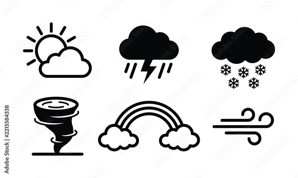 Fototapeta premium Weather Icons Set, Flat Climate Symbols Featuring Sun, Clouds, Rainfall, Snowstorm, Lightning, Tornado, Hurricane, Wind, Fog, Rainbow, Dew and Daily Sky Conditions for App Interface