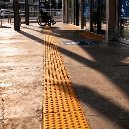 Accessibility features including yellow tactile path and wheelchair in foreground highlight importance of inclusive design. Natural light casts shadows on concrete surface