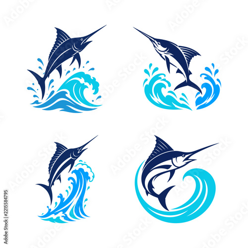 Set of stylized marlin fish jumping out of ocean waves vector illustrations.
