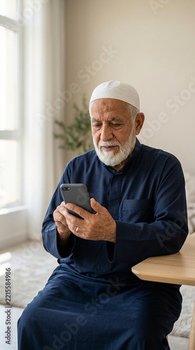 Elderly Muslim Man with White Beard Wearing Traditional Blue Thobe and Kufi Cap Sitting at Home Using a Smartphone for Video Call or Messaging