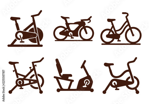 Various exercise bicycle types in a simple brown silhouette collection for fitness concepts isolated on white background