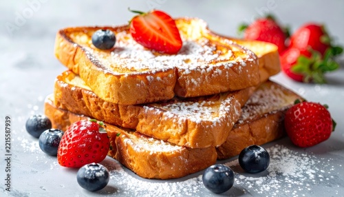 Stack of golden french toast with fresh berries