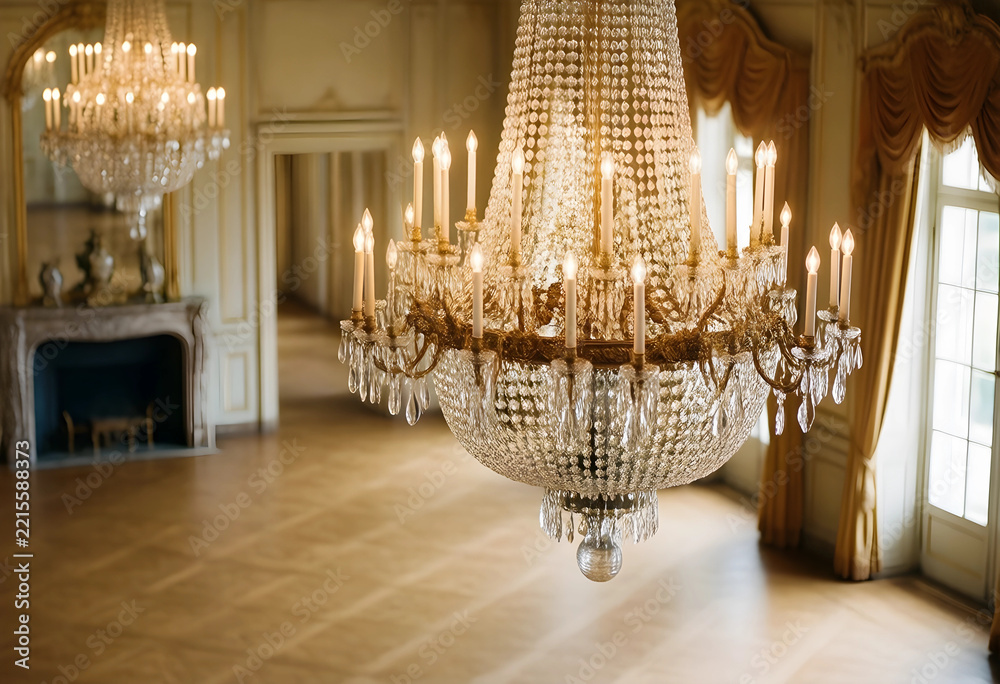 Fototapeta premium Luxury interior design and opulence, crystal chandelier in a grand historic ballroom with classic architecture and elegant gold decor for event venue