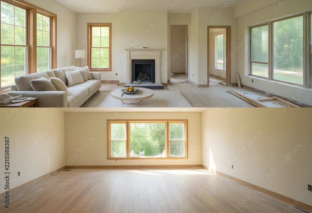 Naklejka premium Home renovation and interior design, before and after comparison of a living room with fireplace and hardwood flooring in a residential house project