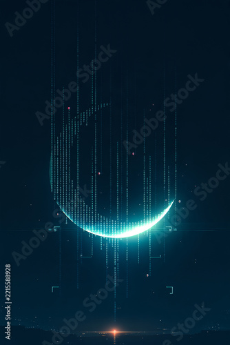 Digital crescent moon composed of glowing blue binary code and data streams floats against a dark night sky above a distant city horizon
