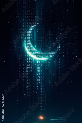 A glowing blue crescent moon shape formed by vertical streams of binary digits