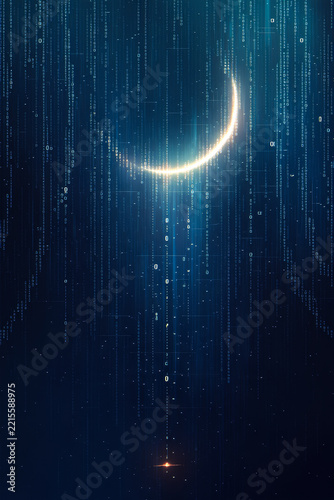 An abstract digital background featuring vertical streams of binary code and data in blue tones, highlighted by a bright glowing arc of light