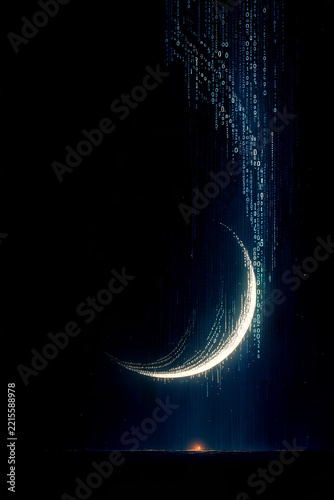 An abstract digital composition featuring a glowing crescent moon formed by binary code against a black background with falling data streams