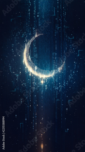 A digital crescent moon composed of glowing pixels and binary code streams
