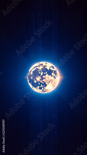 A glowing digital globe emitting light rays against a dark blue background with vertical binary code lines
