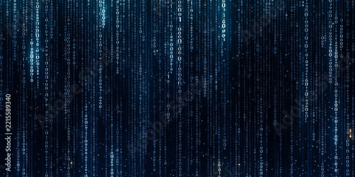 An abstract digital visualization featuring vertical streams of binary code and glowing dots