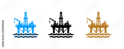 Set of three colorful oil rig platform icons for industrial design.