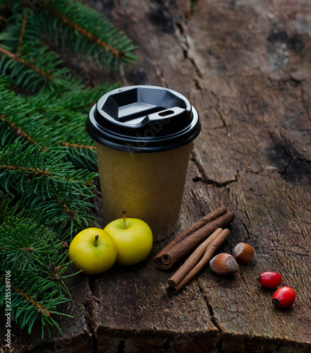 Paper coffee cup with cinnamon sticks, red rosehip, hazelnuts and wild apples on rustic tree bark background with evergreen spruce branches.
