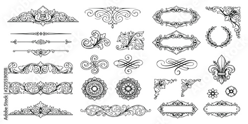Classic vintage ornament collection featuring frames dividers and decorative borders vector illustration for graphic design.