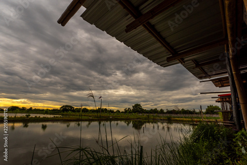 A view from the old hut tall grass beside the wide pond, and dark clouds at dusk
