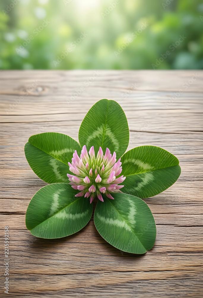 Fototapeta premium Good luck and fortune concept, five leaf clover with pink flower blossom on rustic wooden table for prosperity and success in nature and spring season