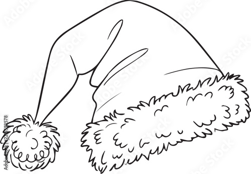 Line art Santa hat with fluffy trim and pompom isolated on white background for holiday design