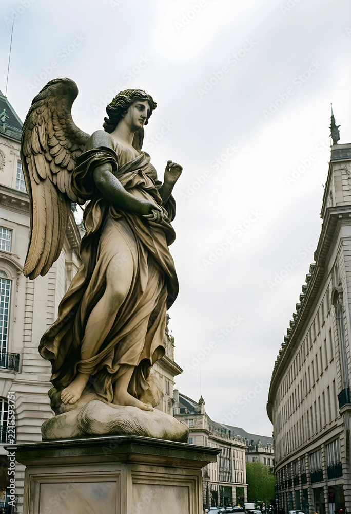 Fototapeta premium Spirituality and religion concept, stone angel statue standing in a historic city center with classical architecture and urban street background
