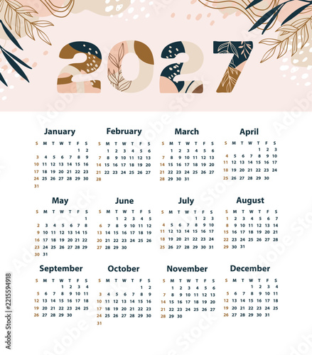 Calendar 2027 starting from Sunday. Various shapes and doodle objects. Modern art. Minimalist shapes. Geometric trendy vector illustrations.